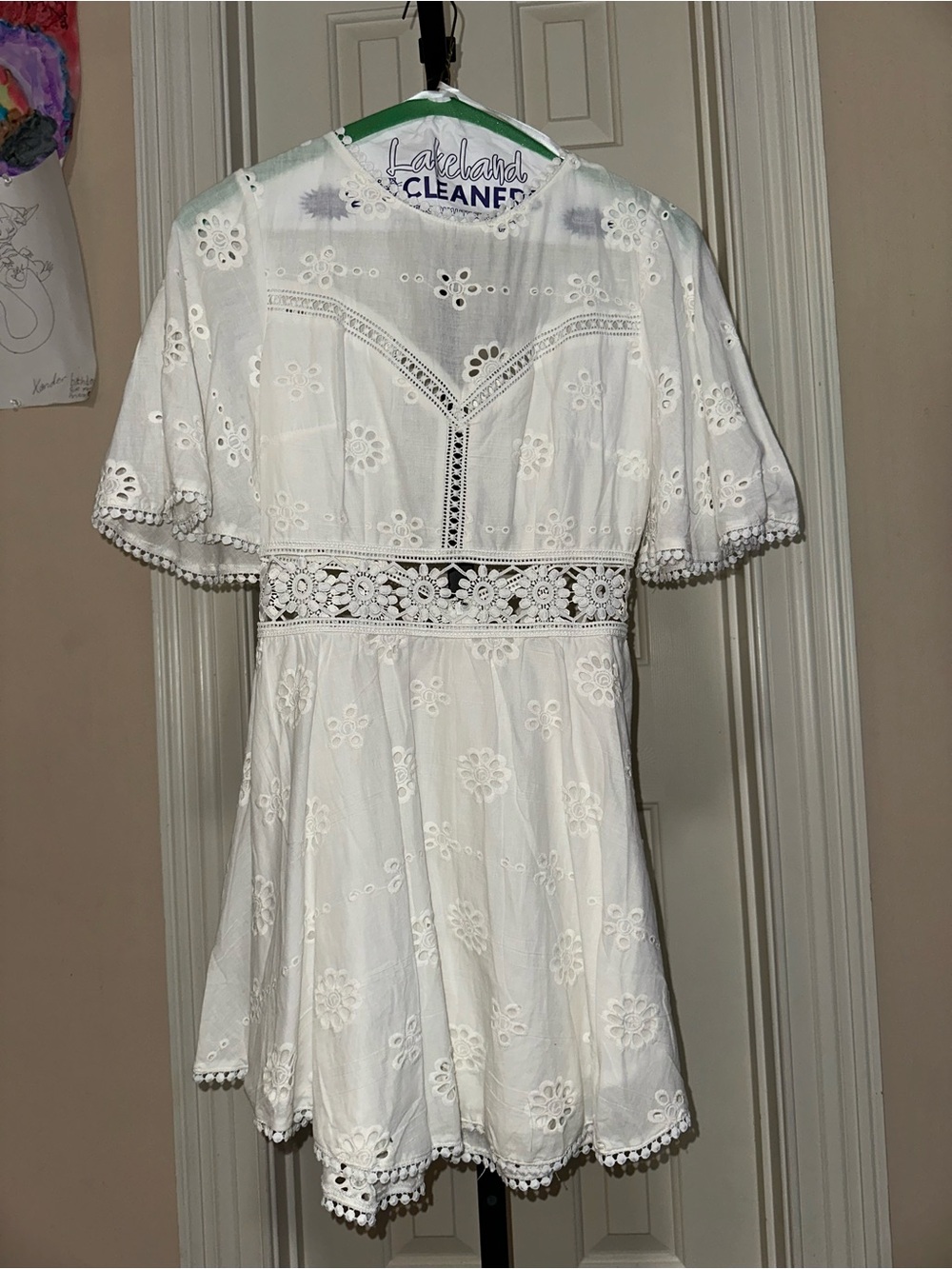 NWT White Eyelet Lace Mini Dress with Crochet Trim